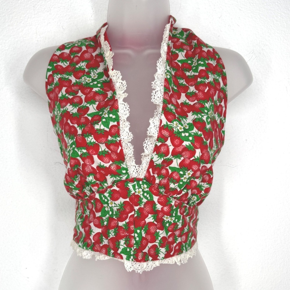 Vintage Handmade Strawberry Print Babydoll Halter Crop Top Lace Size M Pinup